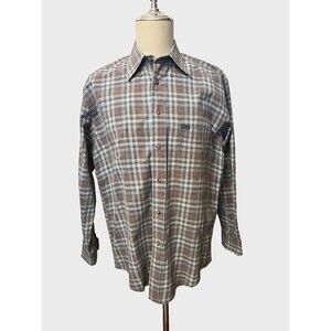 Faconnable Men's L 100% Cotton Plaid Button Down Shirt Blue Red Yellow Grandpa